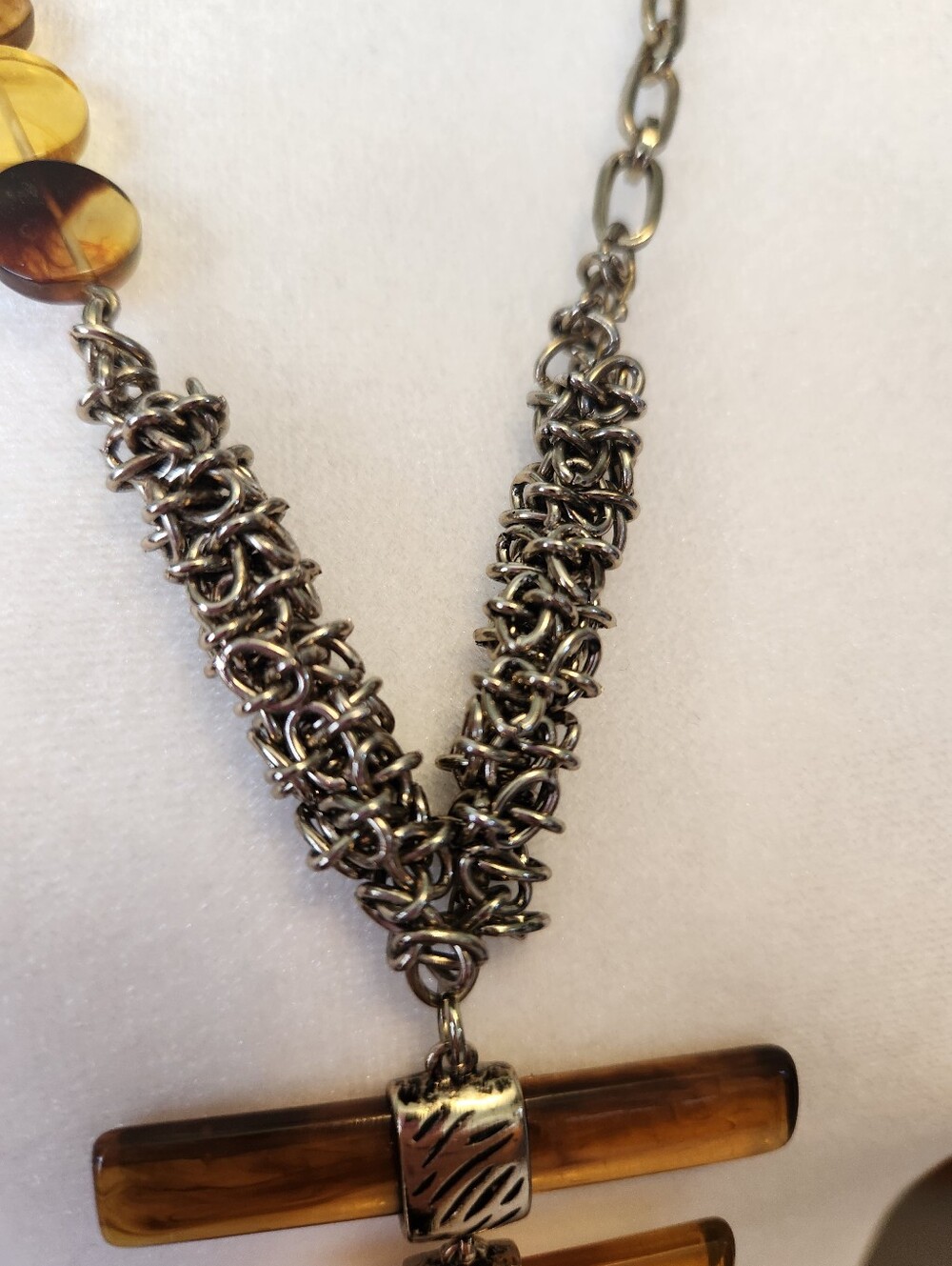 90s CHICO'S BOHO AMBER LUCITE MIXED METAL CHAIN STATEMENT TASSEL LONG NECKLACE - Picture 6 of 8